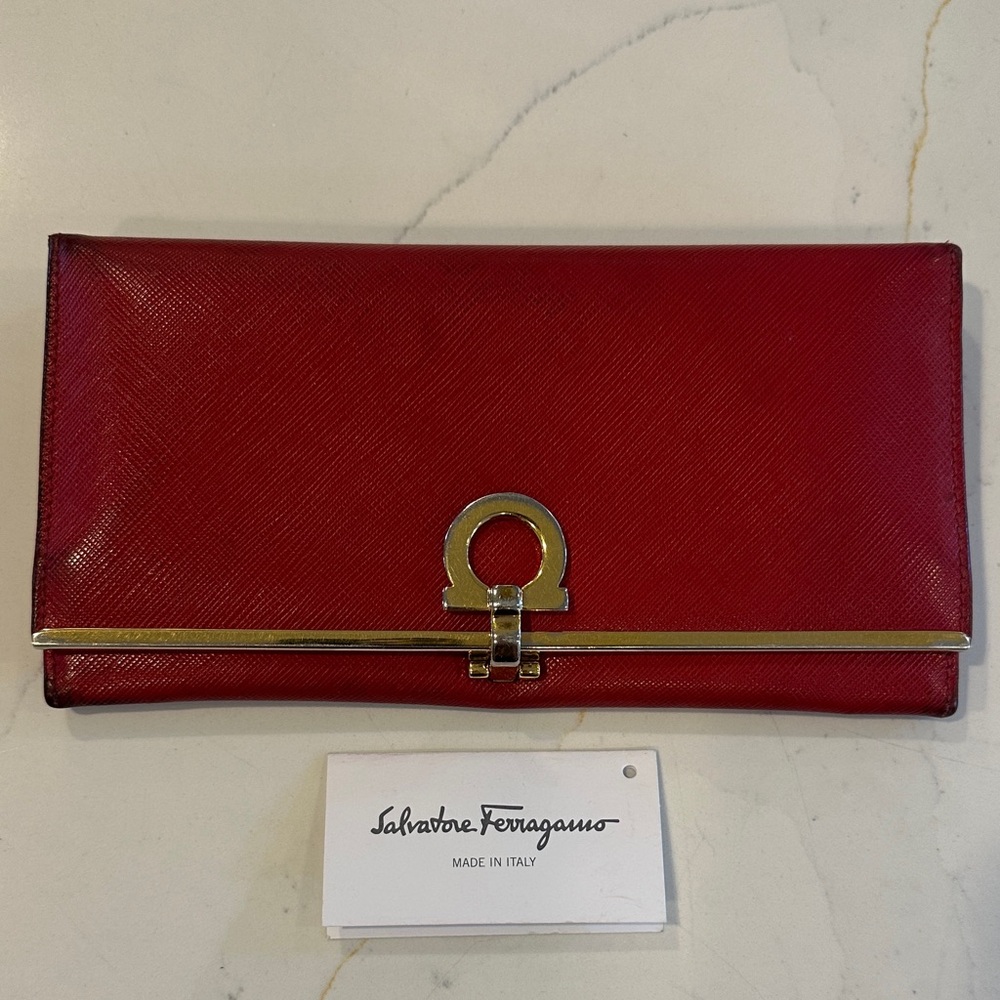 Salvatore Ferragamo Crimson Clutch with Gold Accent